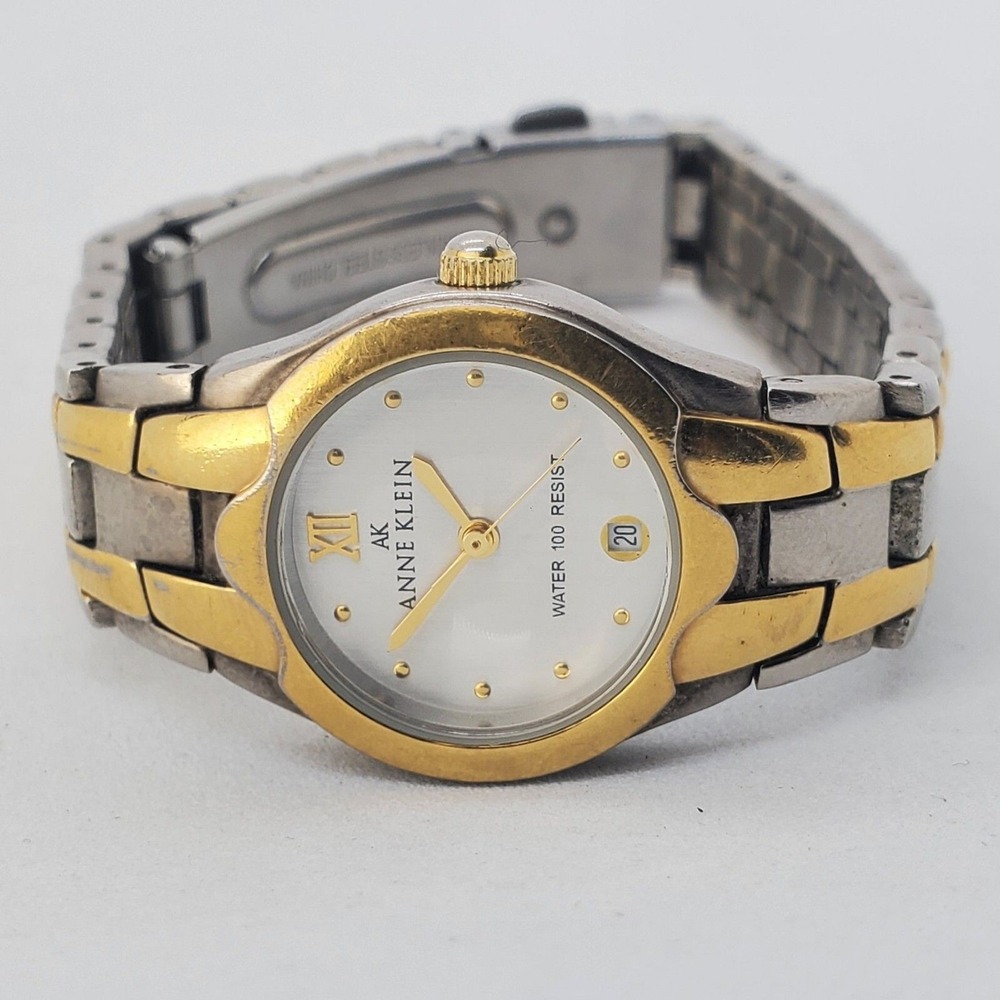 Anne Klein Women's Watch Gold Silver Tone Dial Bracelet Date 5.5" New Battery